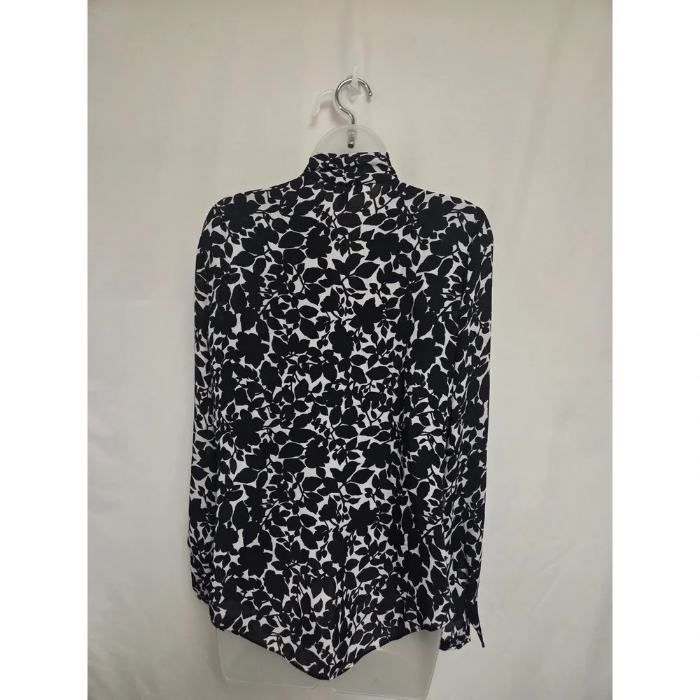 Michael Kors Womens‎ Black White Floral Leaf V-Neck Long Sleeve Blouse Size M
